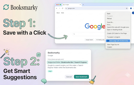 Chrome context menu with Booksmarky save option and folder picker overlay